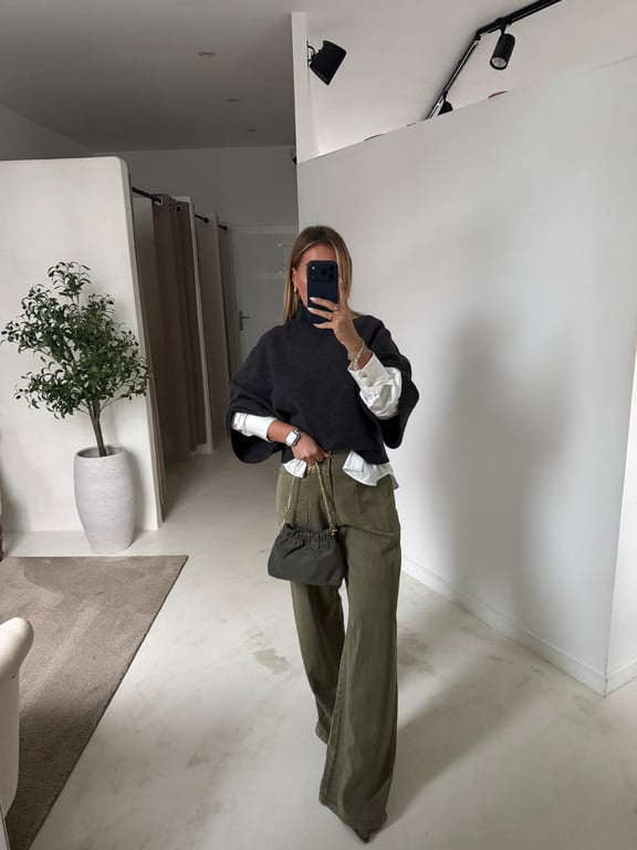 Pull oversize col montant & manches 3/4 gris foncé
