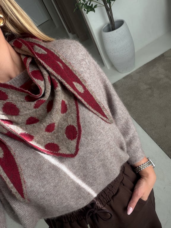 Foulard triangle à pois beige et bordeaux réversible