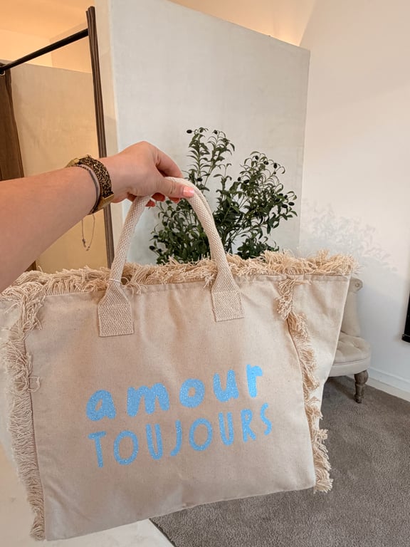 Sac en toile « amour toujours » pailleté bleu - Sacs & pochettes | Sodress
