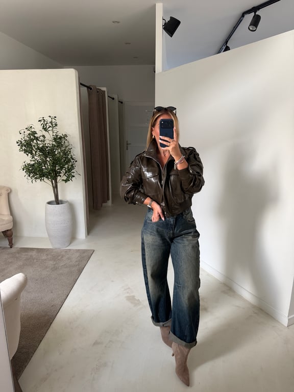 Veste en simili cuir marron avec poches