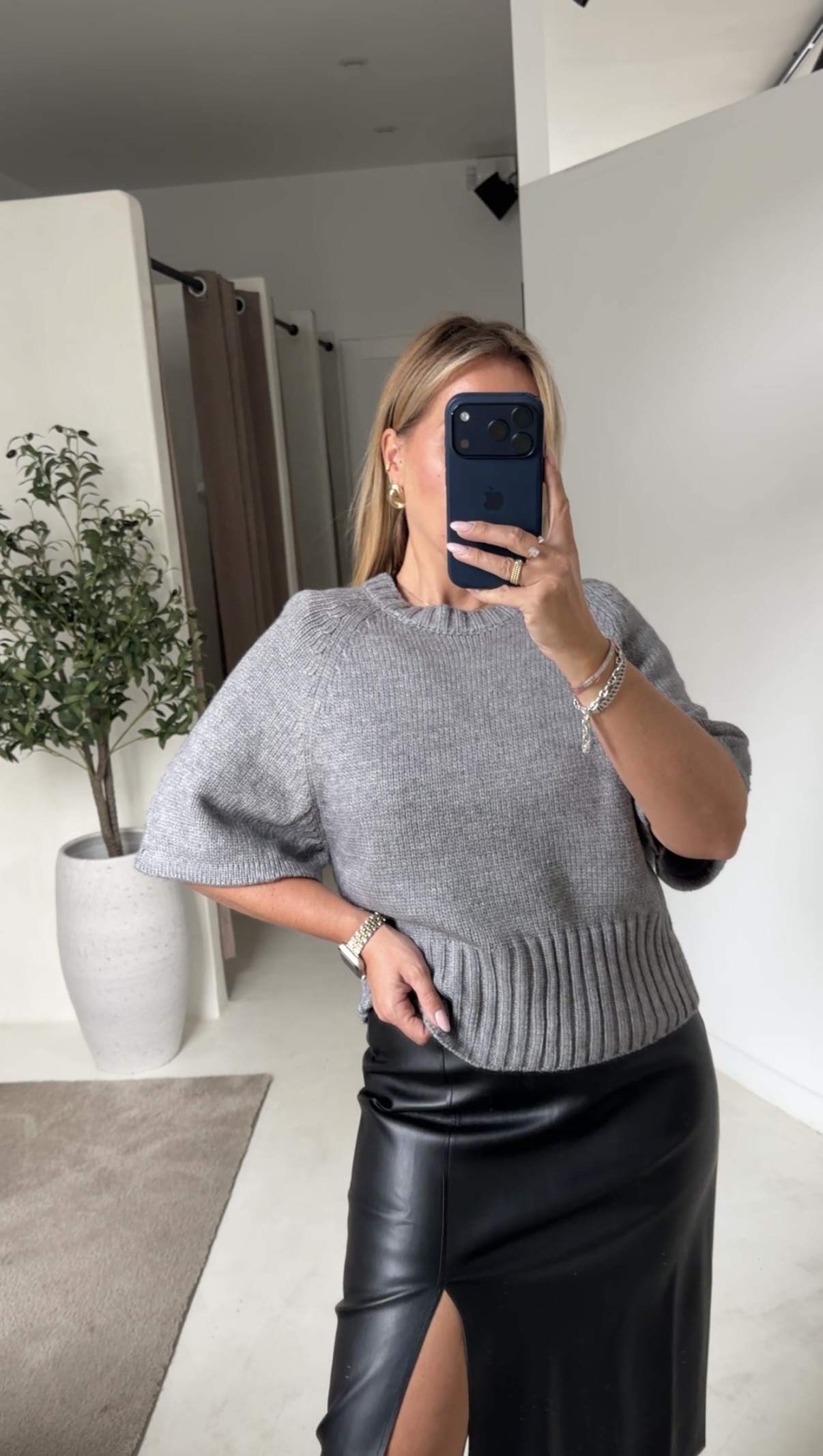 Pull en maille épaisse gris manches courtes — vue 2