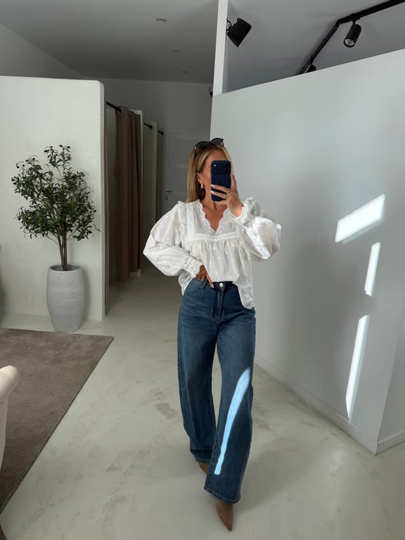 Blouse blanche à broderies anglaises et manches bouffantes