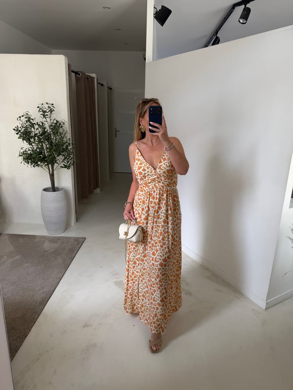 Robe longue à bretelles léopard orange & ocre