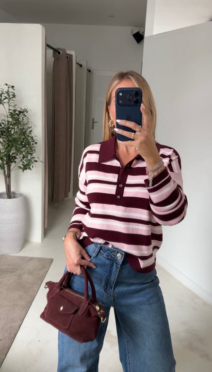 Pull polo à rayures rose et bordeaux — vue alternative