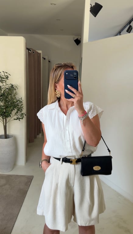 Chemise manches courtes ajourées blanche