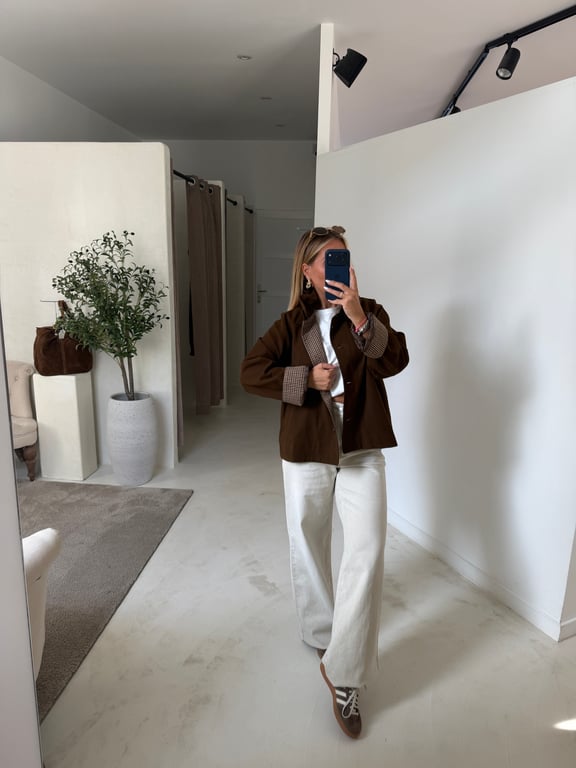 Veste marron col montant et revers vichy