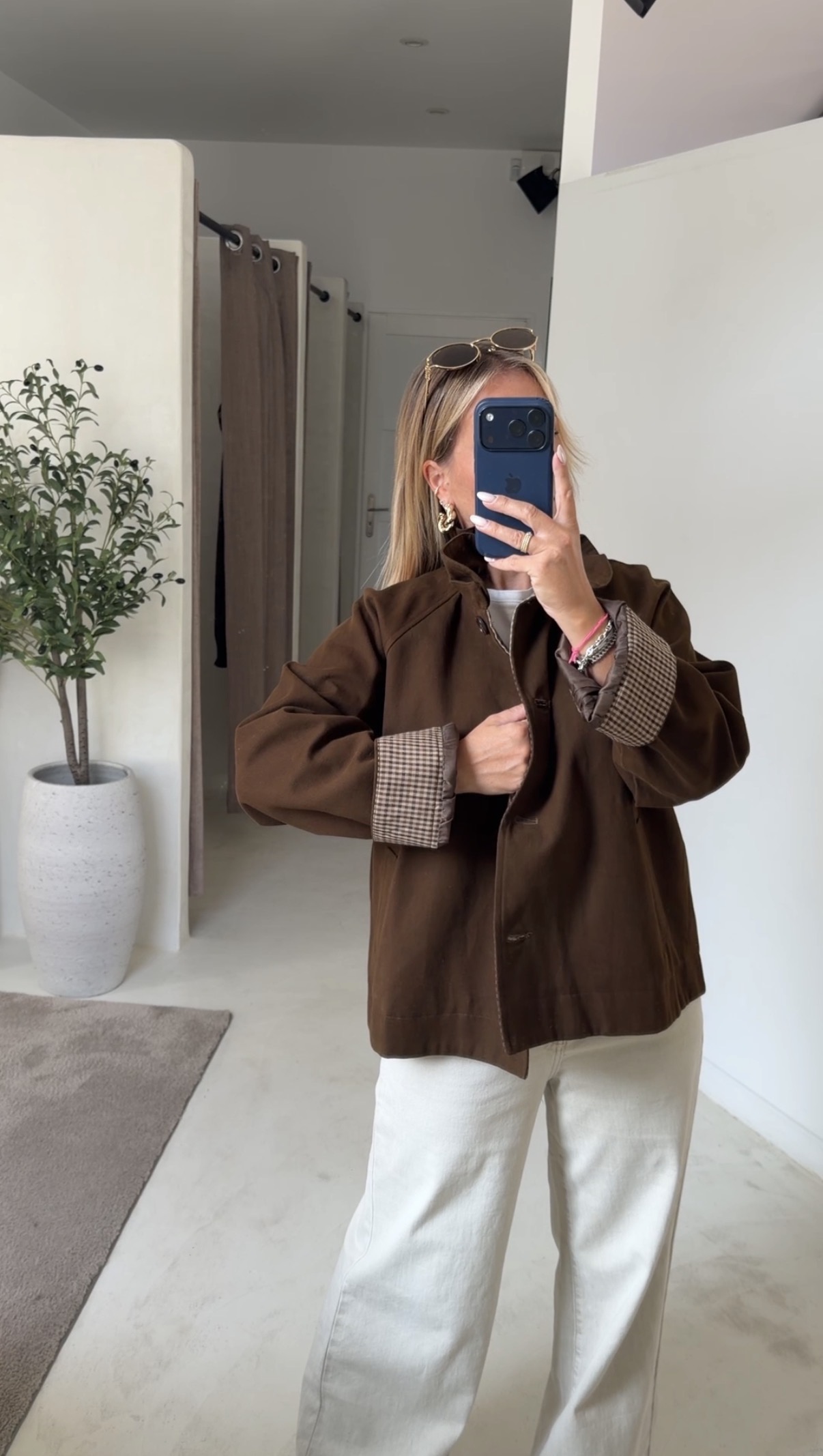 Veste marron col montant et revers vichy — vue 2
