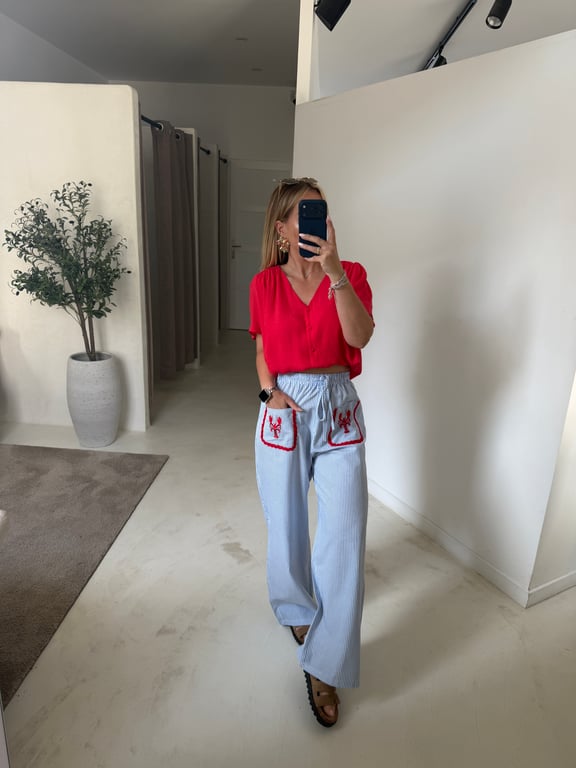 Pantalon à rayures bleues – Broderie « Omar » sur les poches