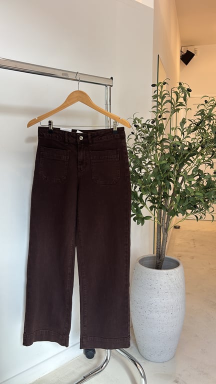 Jean taille haute détails poches marron choco