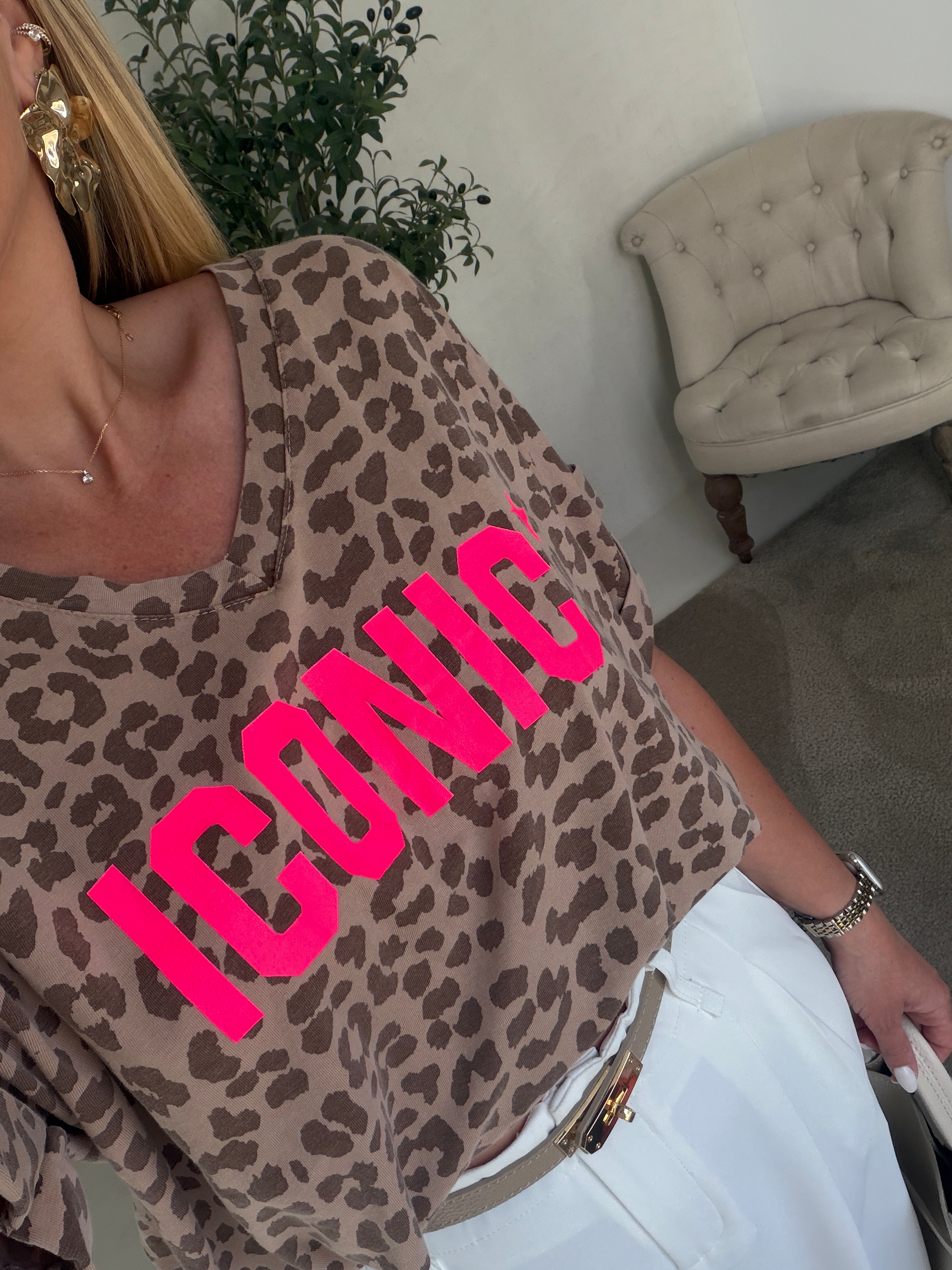 T-shirt léopard col V beige iconic — vue 2