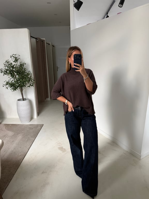 Pull manches courtes marron col funnel
