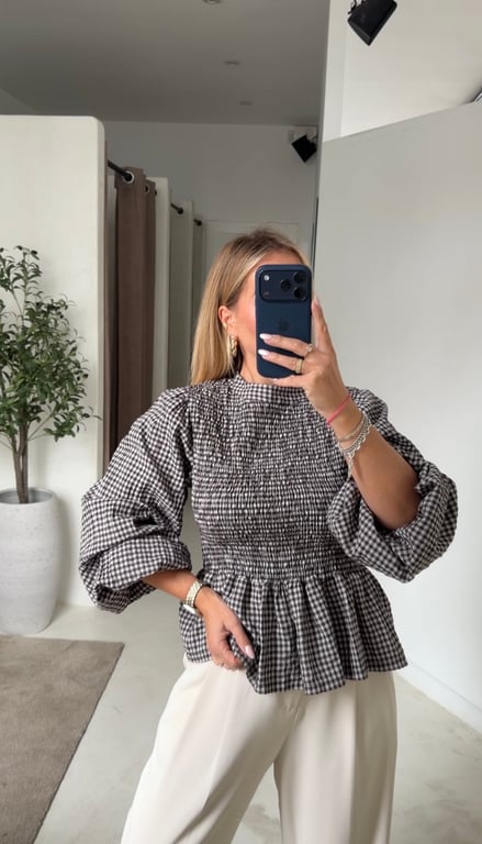 Blouse vichy marron manches bouffantes