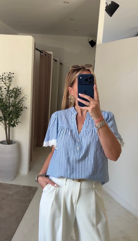 Blouse à rayures bleu et manches brodées blanches — vue alternative