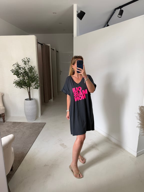 Robe t-shirt longue gris « Oui mais non »