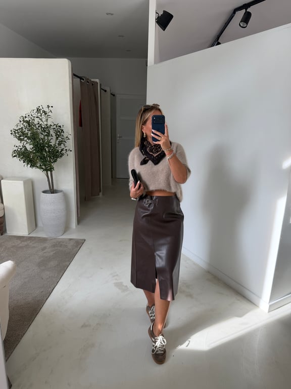 Jupe longue en simili cuir marron