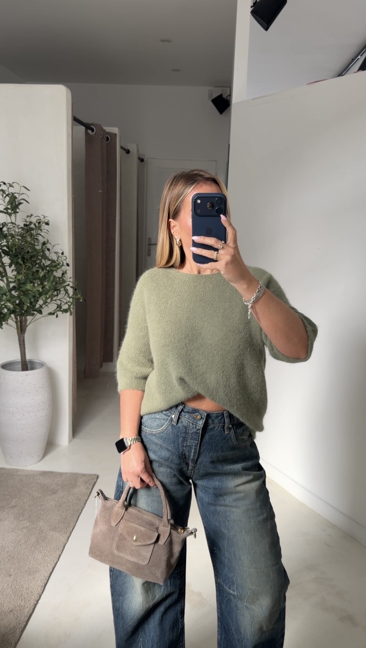 Pull en baby alpaga manches courtes kaki — vue 2