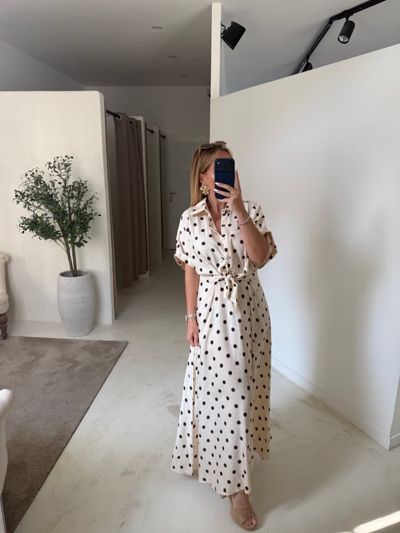 Robe longue écrue à pois marron