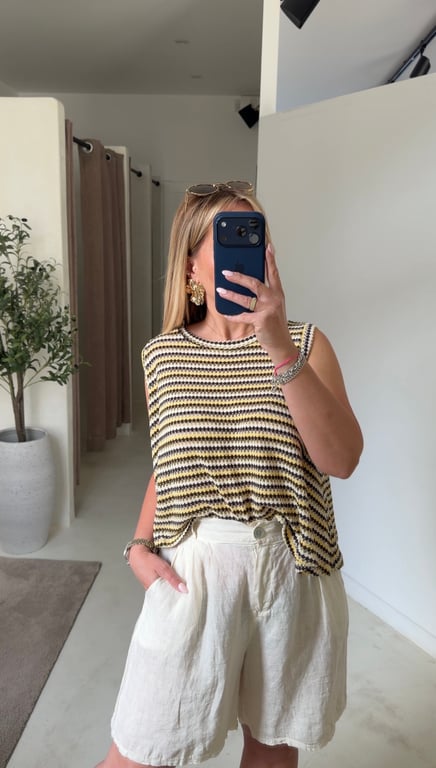 Débardeur en maille jaune, blanc et marron