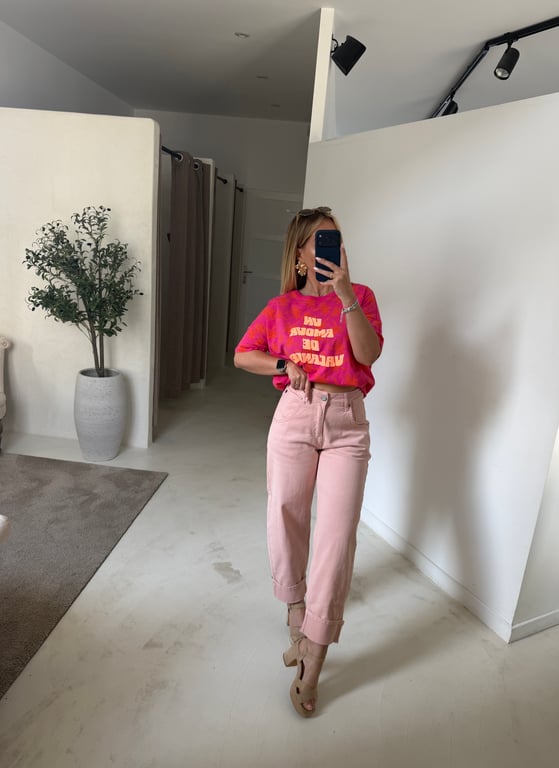 T-shirt oversize rose à palmiers orange & « Un amour de vacances » à paillettes