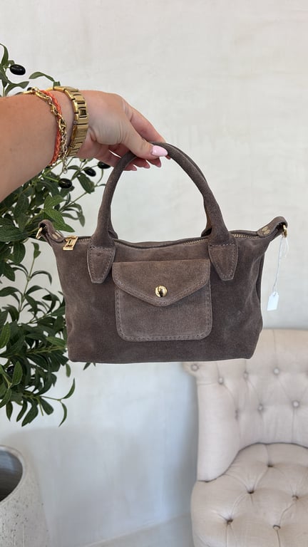 Petit sac en daim & pochette sur le devant taupe