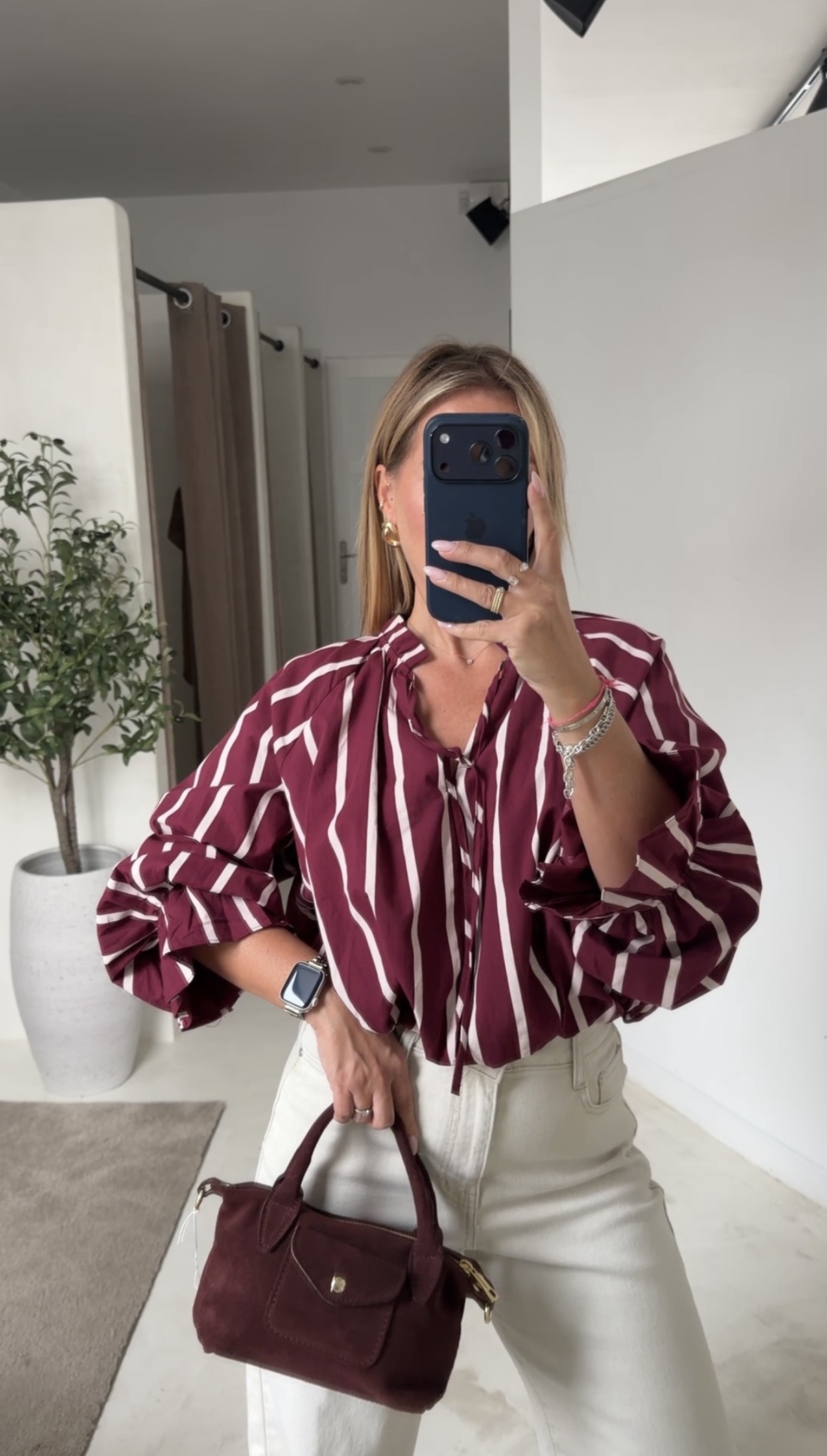 Blouse bordeaux rayée à manches élégantes — vue 2