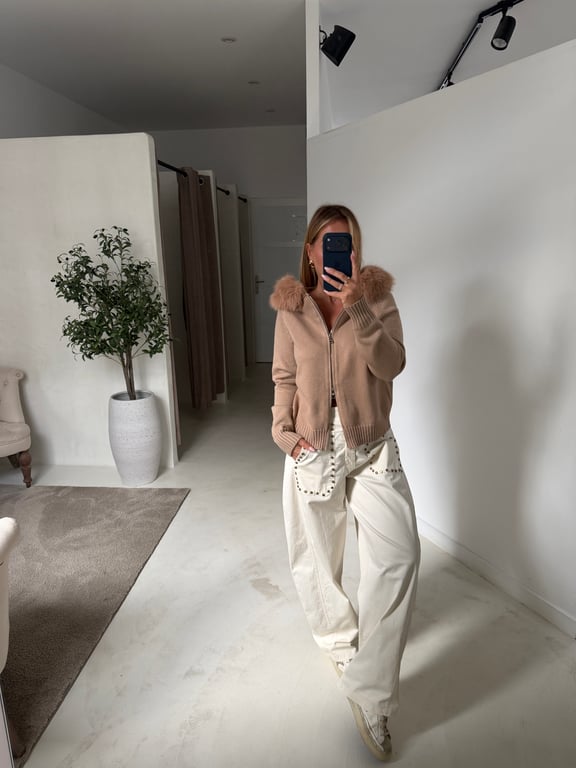 Gilet à capuche camel avec fourrure
