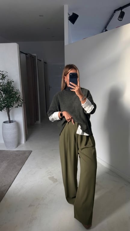 Pantalon large kaki, taille élastiquée
