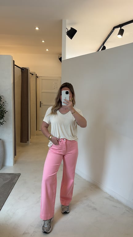 Jean taille haute détails poches rose