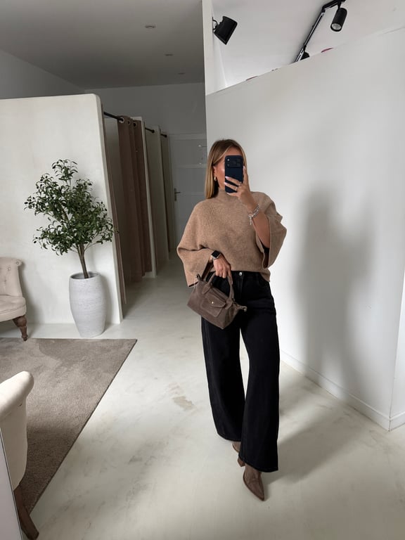 Pull oversize col montant & manches 3/4 beige