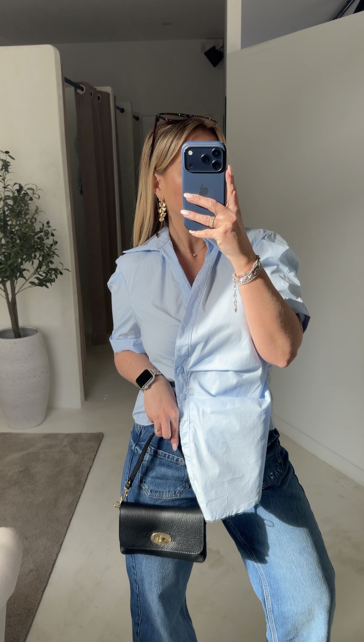 Chemise manches courtes bleu fermeture asymétrique — vue 2