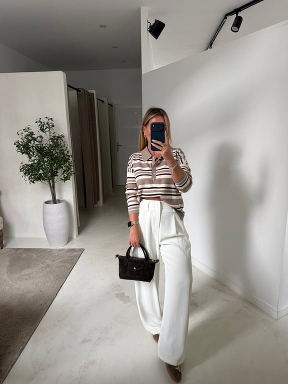 Pull polo beige à rayures écru et marron