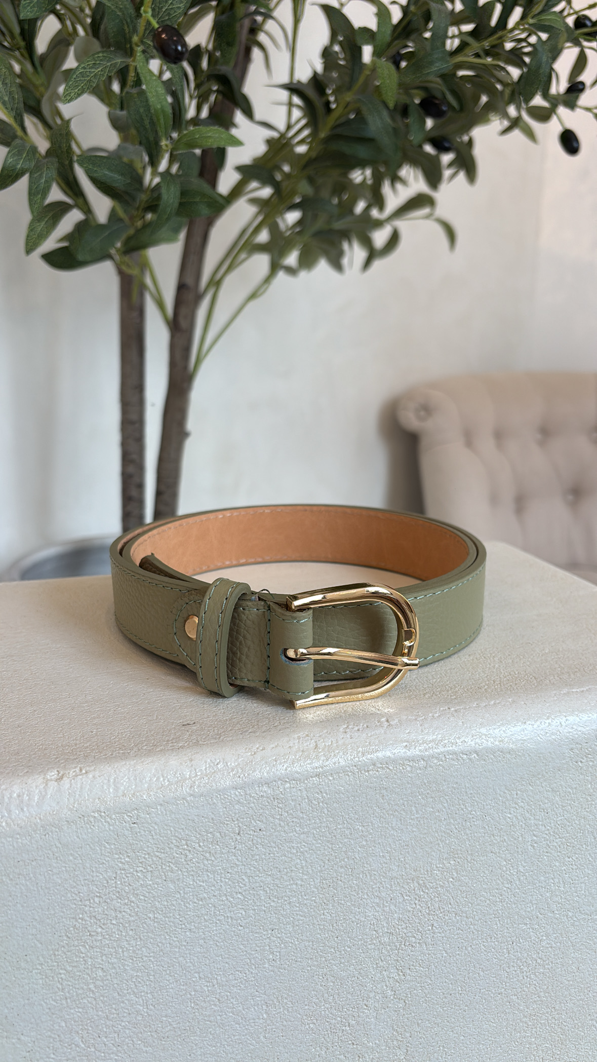 Ceinture épaisse en cuir grainé vert sauge