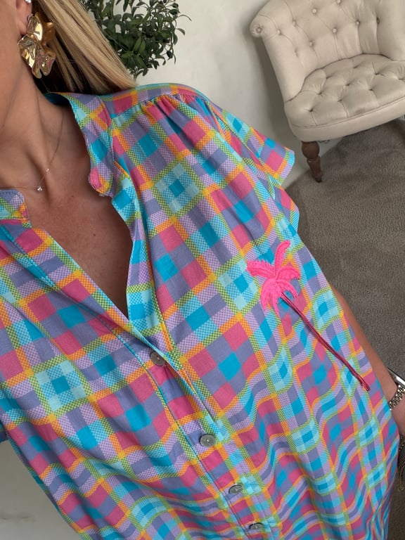 Robe courte col V à carreaux colorés — vue alternative