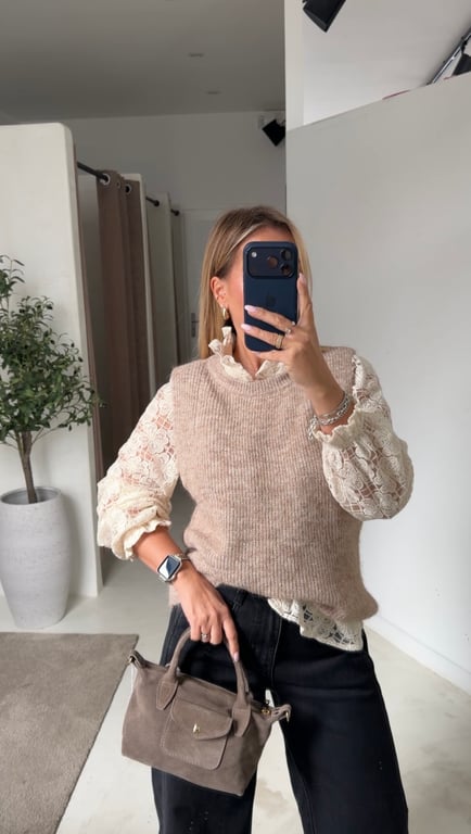 Pull sans manches côtelé beige — vue alternative