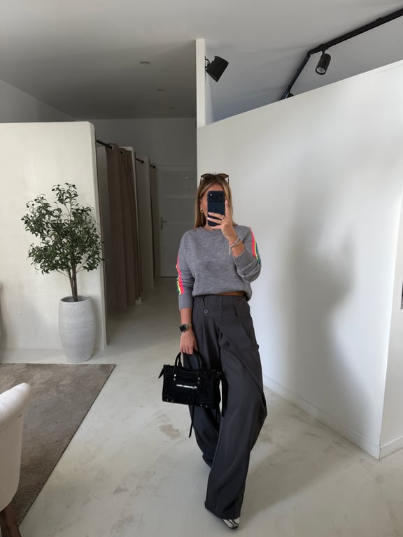 Pull col rond gris & bandes arc-en-ciel