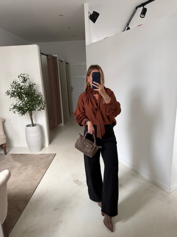 Blouse à col élégant & noeud marron