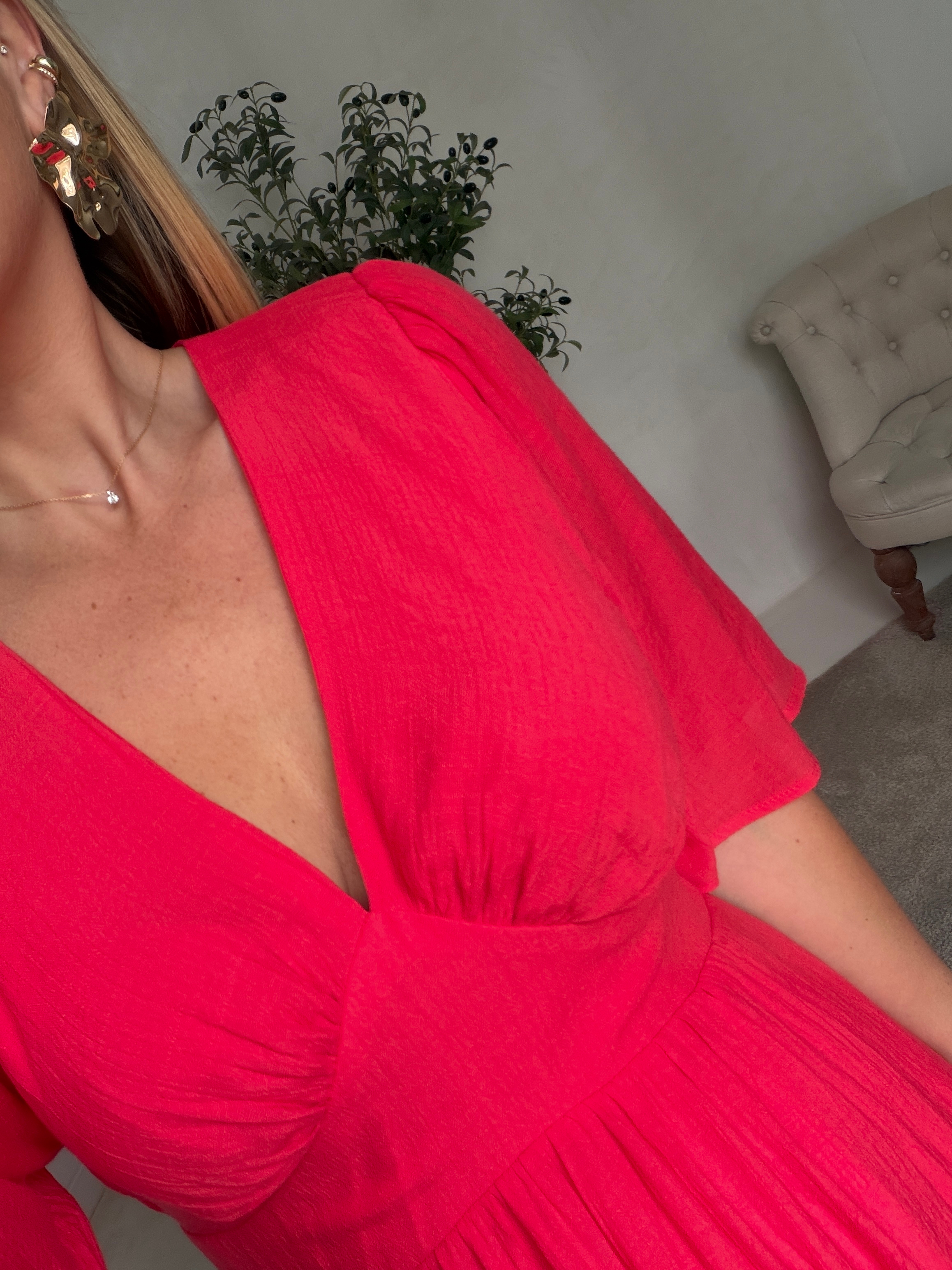 Robe longue rouge col V — vue 2