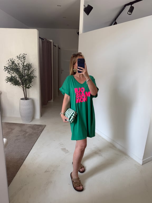 Robe t-shirt longue vert « Oui mais non »
