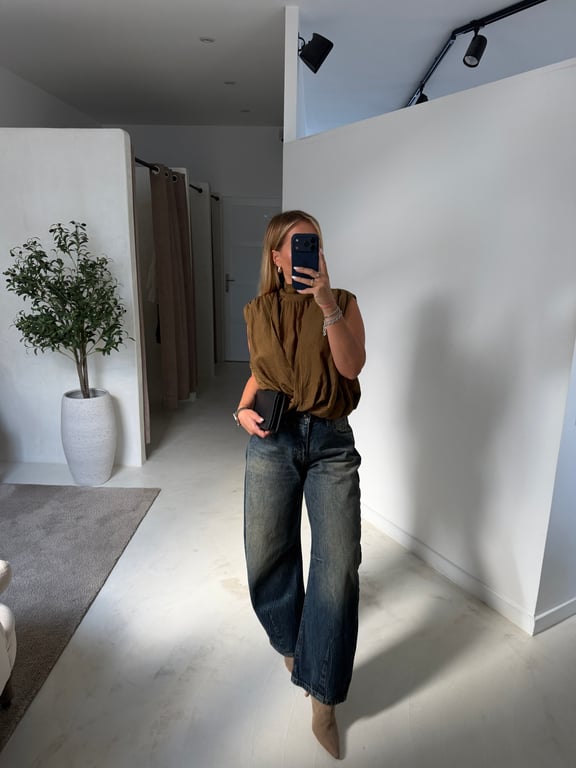 Blouse sans manches kaki & noeud élégant