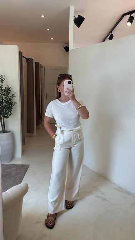 Pantalon Ample Beige Bouton Doré