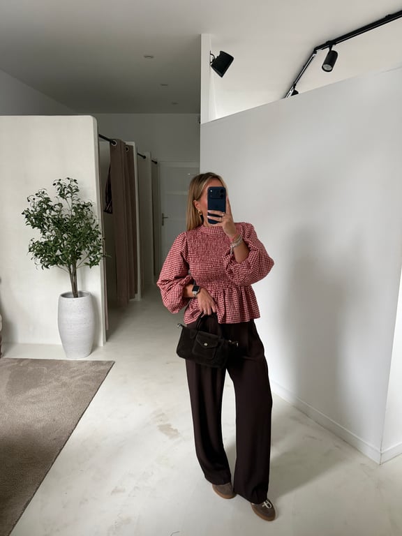 Blouse vichy rouge détails froncés au buste