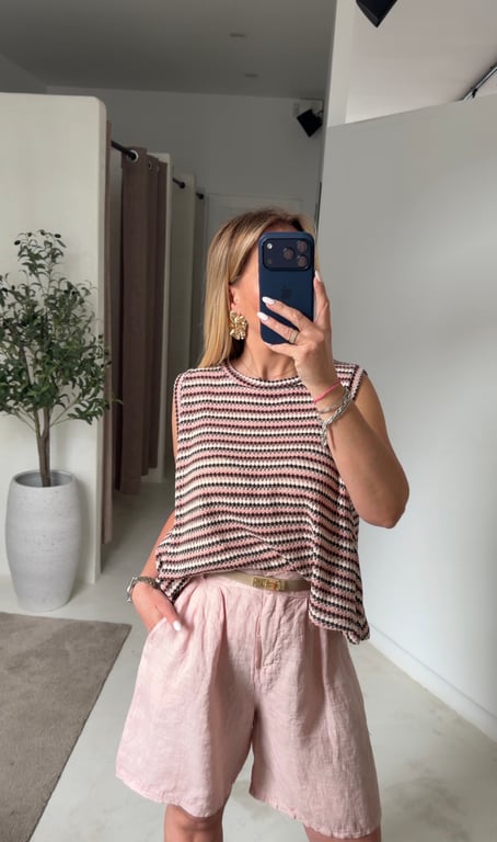 Débardeur en maille rose, blanc et marron