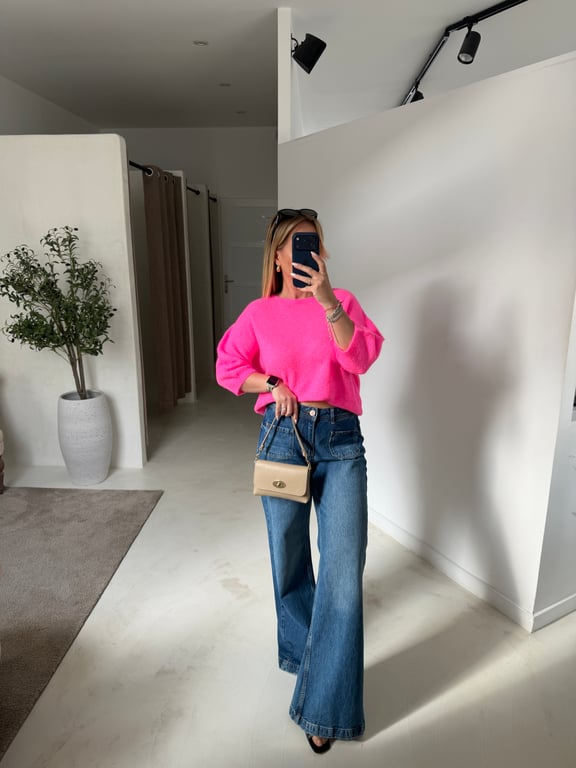 Pull manches courtes rose fluo