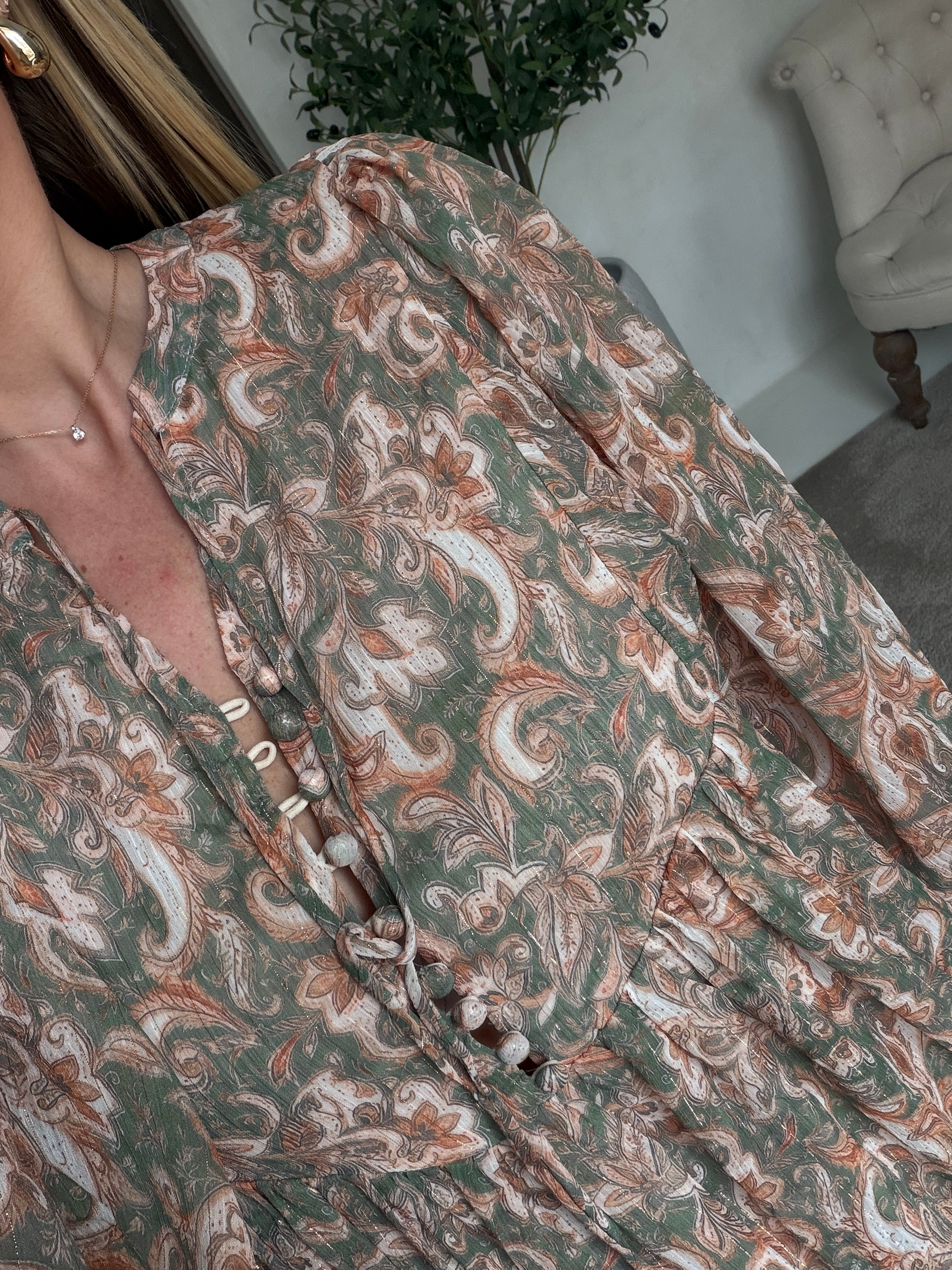 Robe longue bohème tons orangés et verts — vue 2