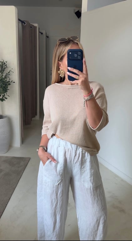 T-shirt en coton beige avec rebord écru
