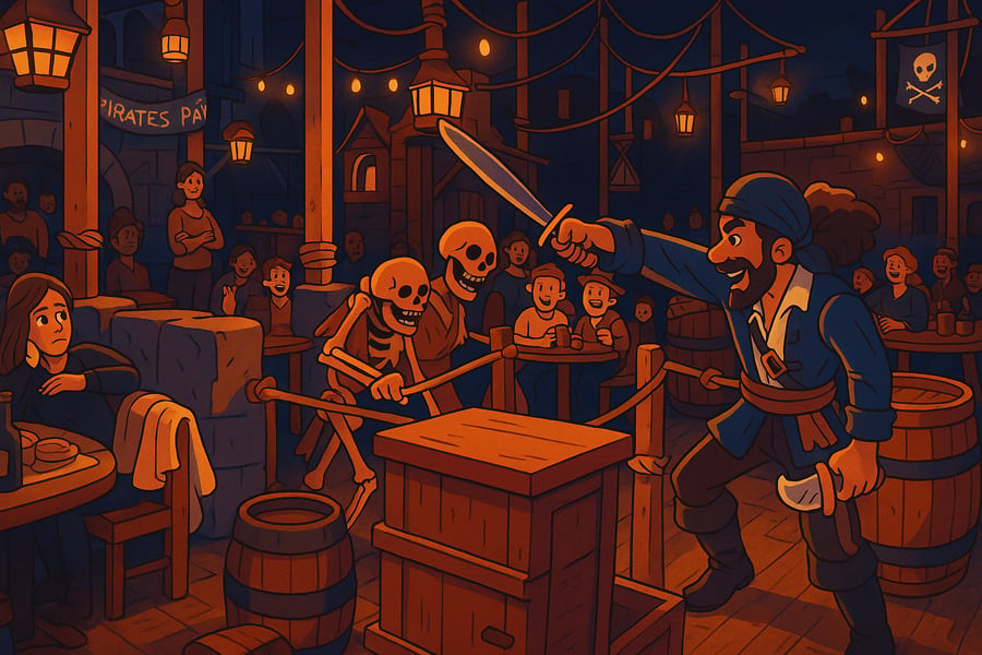 Serveurs costumés et combat de pirates dans le décor du navire