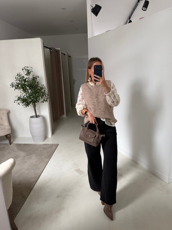 Pull sans manches côtelé beige