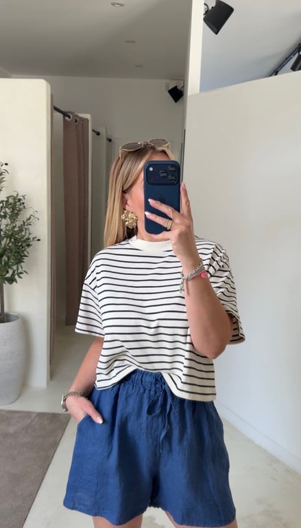 T-shirt marinière court bleu marine et écru