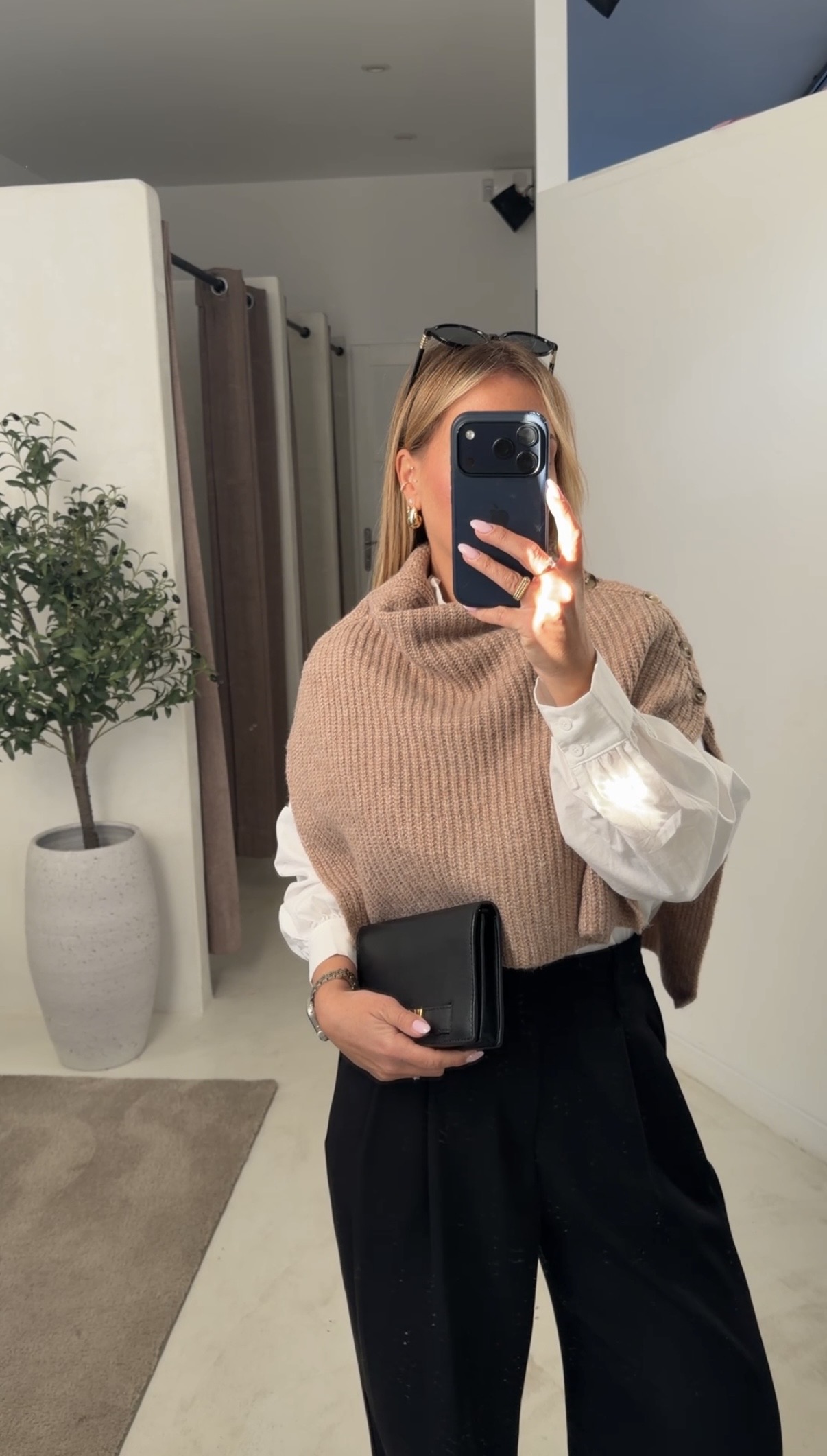 Pull cape en maille côtelé beige — vue 2