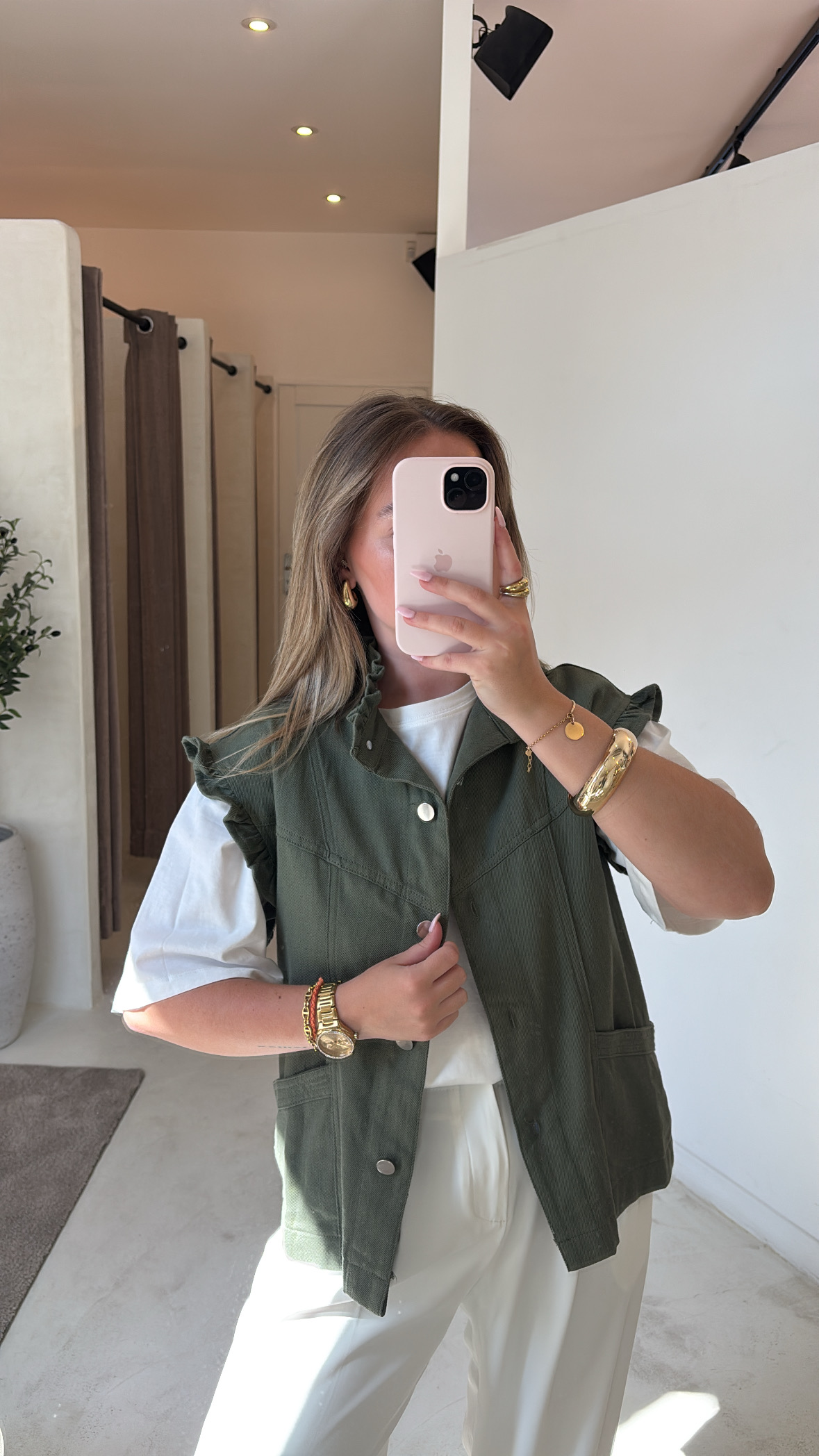 Veste en jean sans manches kaki à volants — vue 2